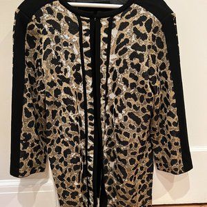 Misook Cardigan Sweater Blazer Women's Size M  Black White Tan Patterned Open